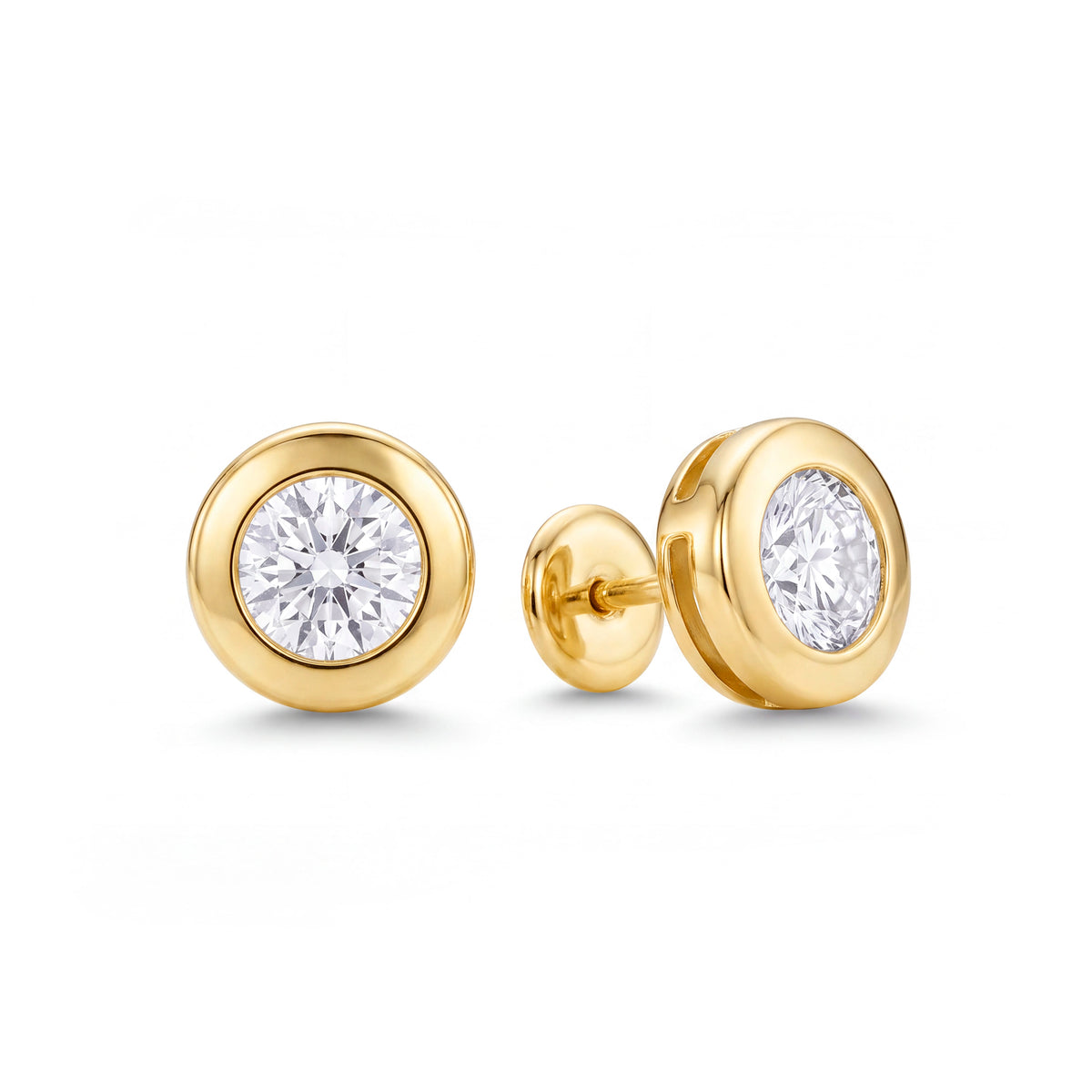 14K Yellow Gold 2MM CZ Flat Disc Bezel Stud Screwback Earrings