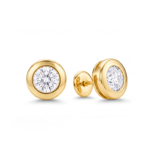 14K Yellow Gold 2MM CZ Flat Disc Bezel Stud Screwback Earrings
