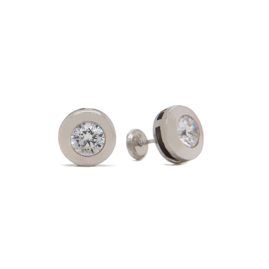 14K White Gold 2MM CZ Flat Disc Bezel Stud Screwback Earrings