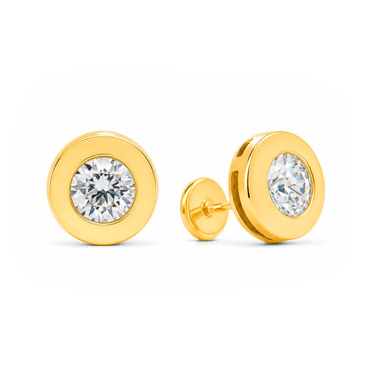 14K Yellow Gold 3MM CZ Flat Disc Bezel Stud Screwback Earrings