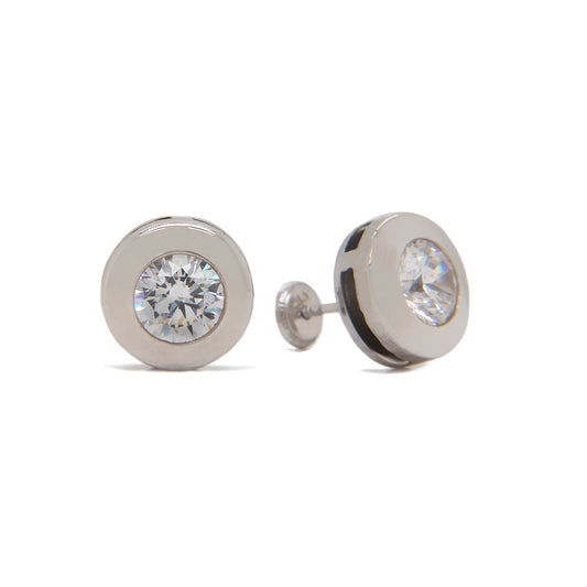 14K White Gold 3MM CZ Flat Disc Bezel Stud Screwback Earrings