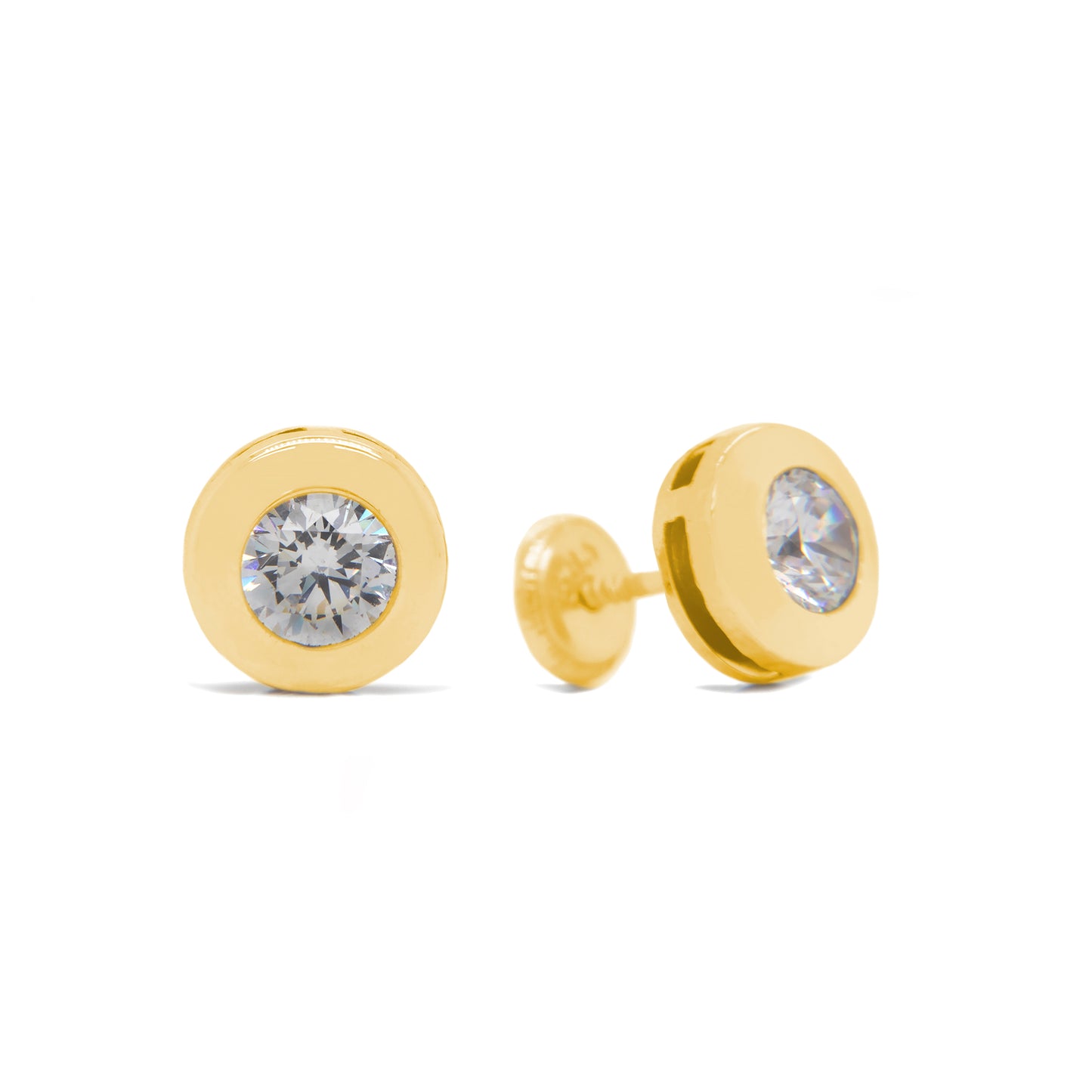 14K Yellow Gold 3MM CZ Flat Disc Bezel Stud Screwback Earrings