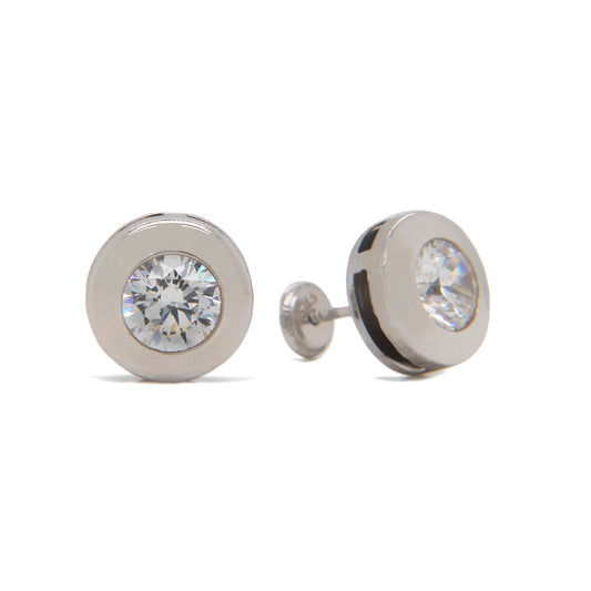 14K White Gold 4MM CZ Flat Disc Bezel Stud Screwback Earrings