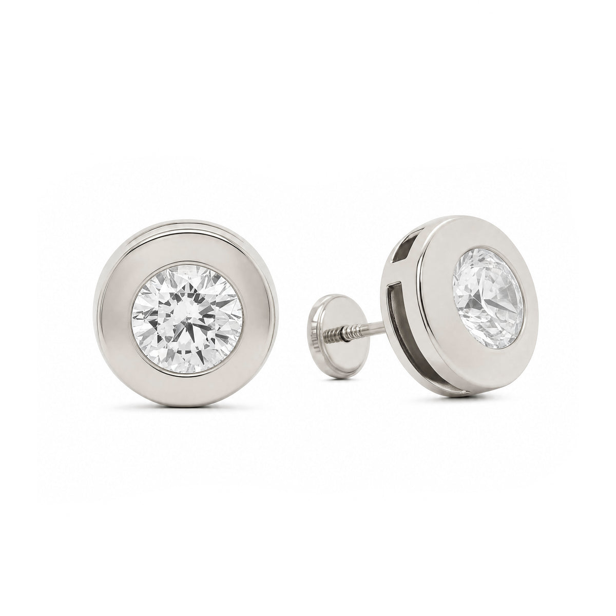 14K White Gold 4MM CZ Flat Disc Bezel Stud Screwback Earrings