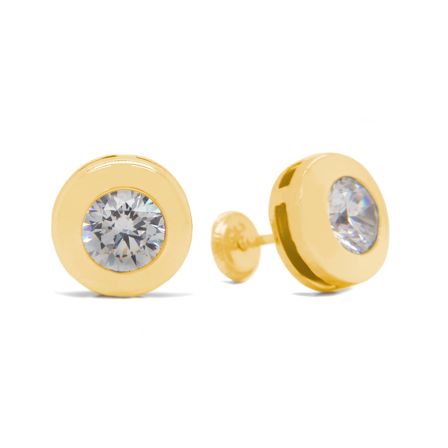 14K Yellow Gold 5MM CZ Flat Disc Bezel Stud Screwback Earrings