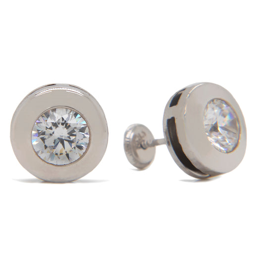 14K White Gold 6MM CZ Flat Disc Bezel Stud Screwback Earrings