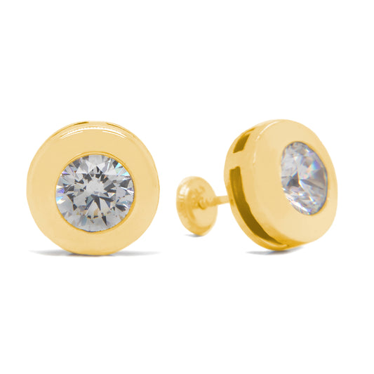 14K Yellow Gold 6MM CZ Flat Disc Bezel Stud Screwback Earrings