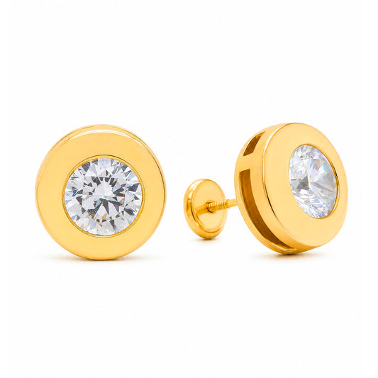14K Yellow Gold 6MM CZ Flat Disc Bezel Stud Screwback Earrings