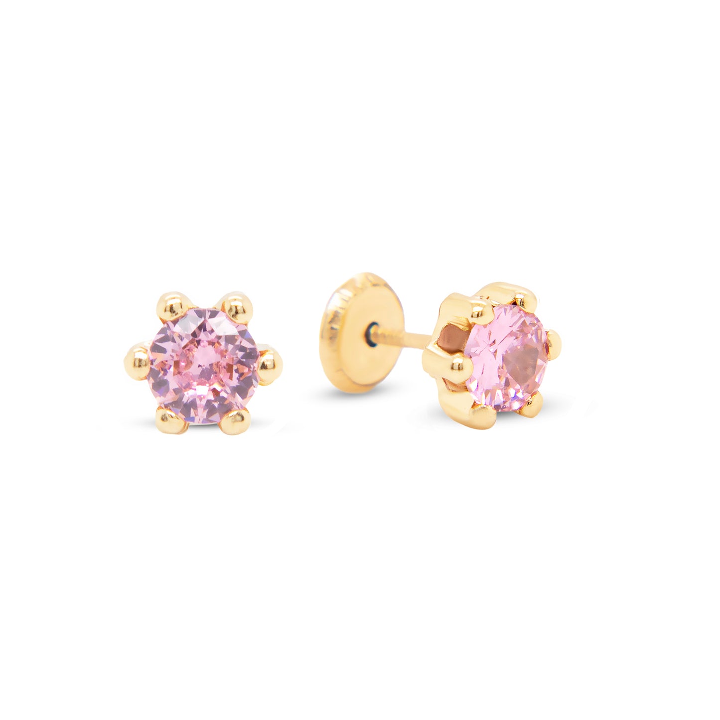 14K Yellow Gold 3MM Pink Round CZ 6-Prong Stud Screwback Earrings