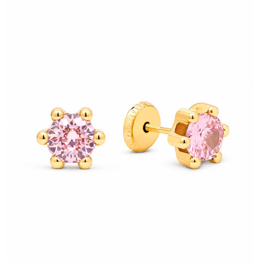 14K Yellow Gold 3MM Pink Round CZ 6-Prong Stud Screwback Earrings