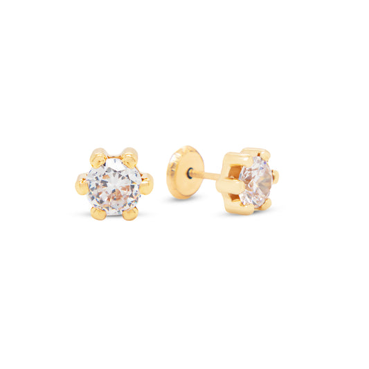 14K Yellow Gold 3MM White Round CZ 6-Prong Stud Screwback Earrings