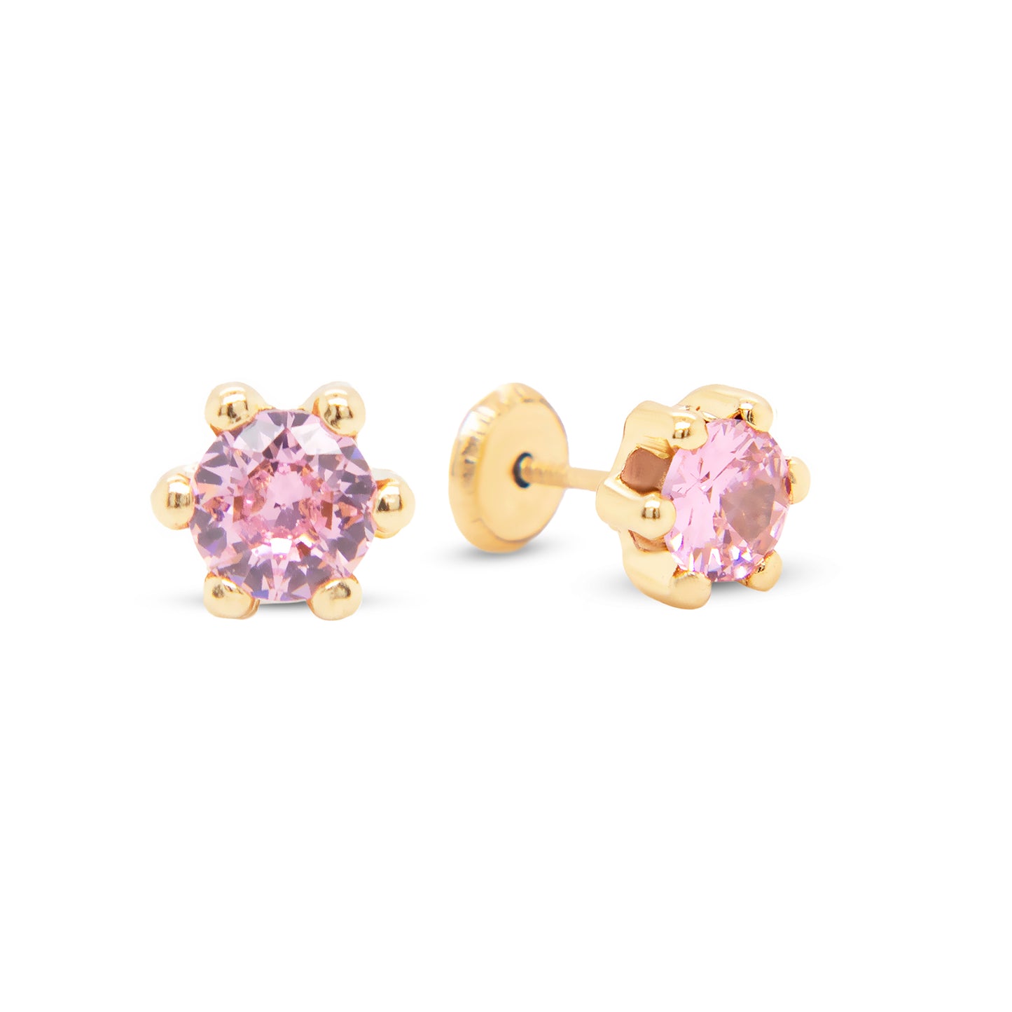 14K Yellow Gold 4MM Pink Round CZ 6-Prong Stud Screwback Earrings