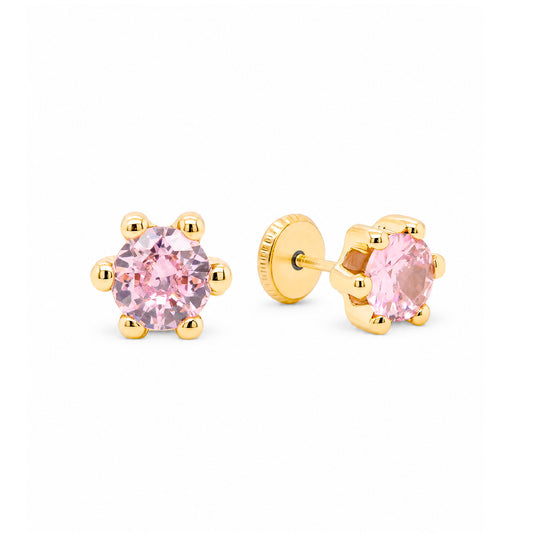 14K Yellow Gold 4MM Pink Round CZ 6-Prong Stud Screwback Earrings