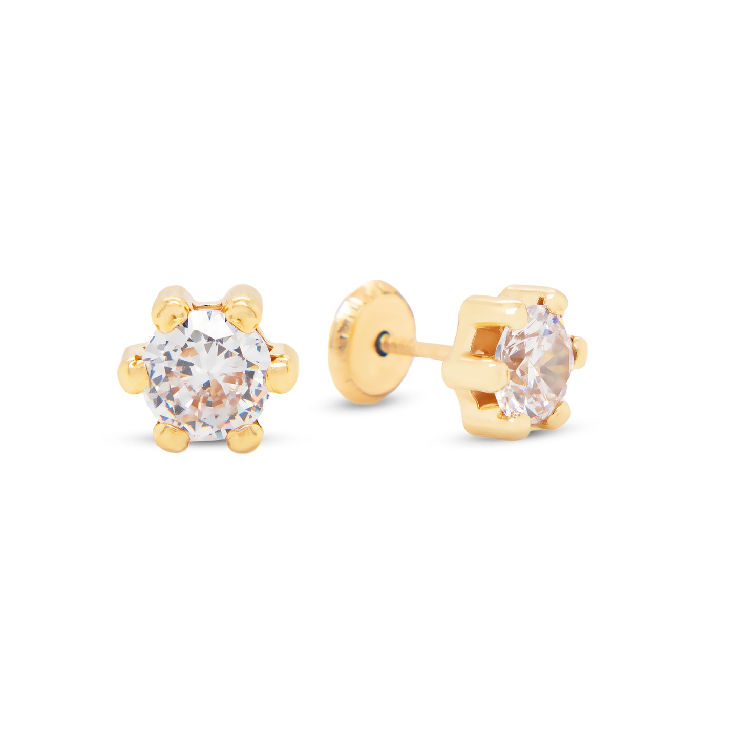 14K Yellow Gold 4MM White Round CZ 6-Prong Stud Screwback Earrings