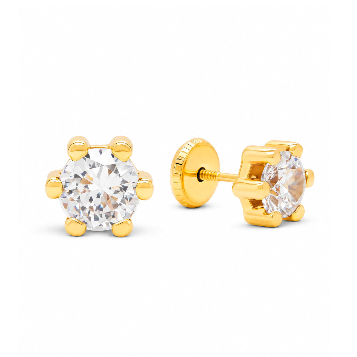14K Yellow Gold 5MM White Round CZ 6-Prong Stud Screwback Earrings