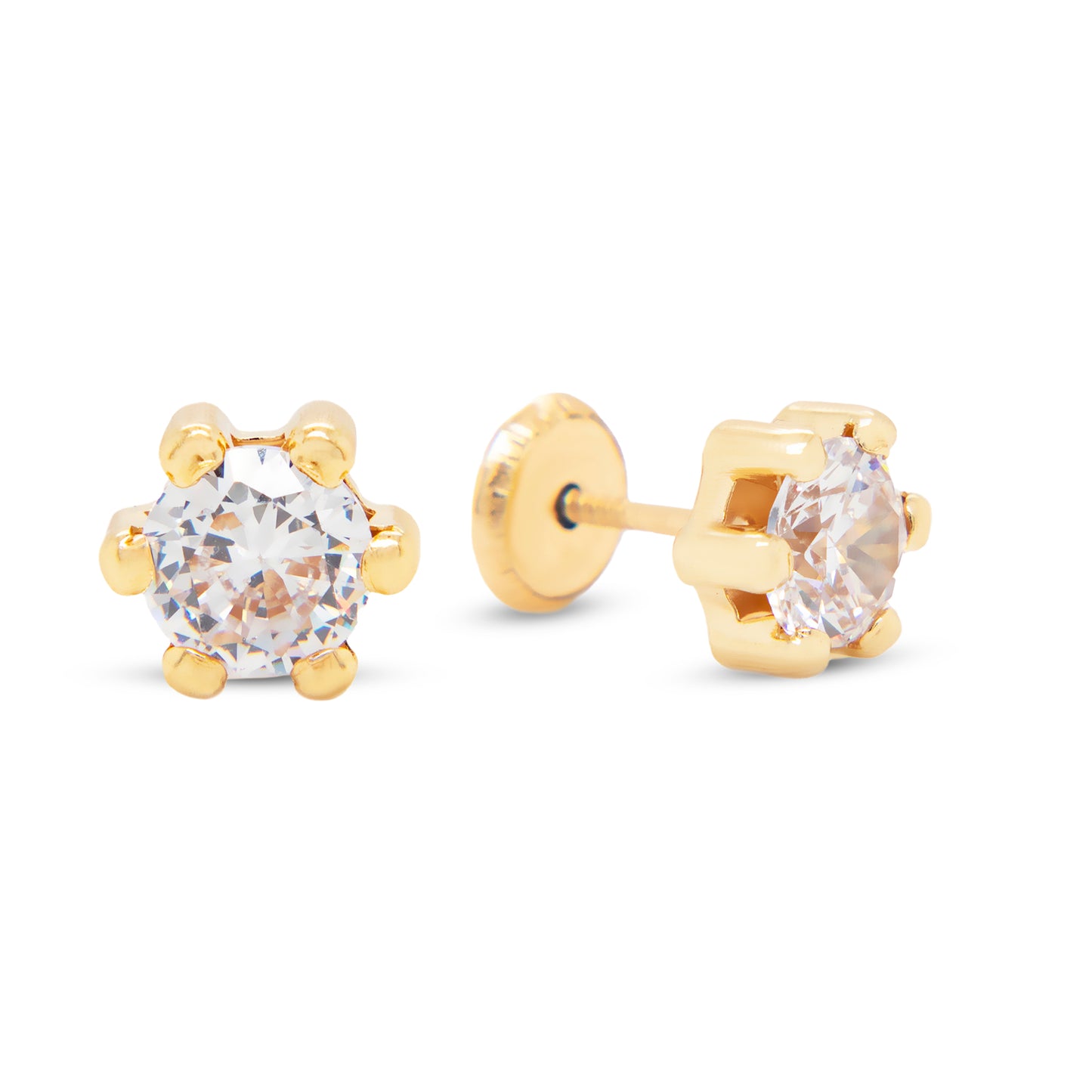 14K Yellow Gold 6MM White Round CZ 6-Prong Stud Screwback Earrings