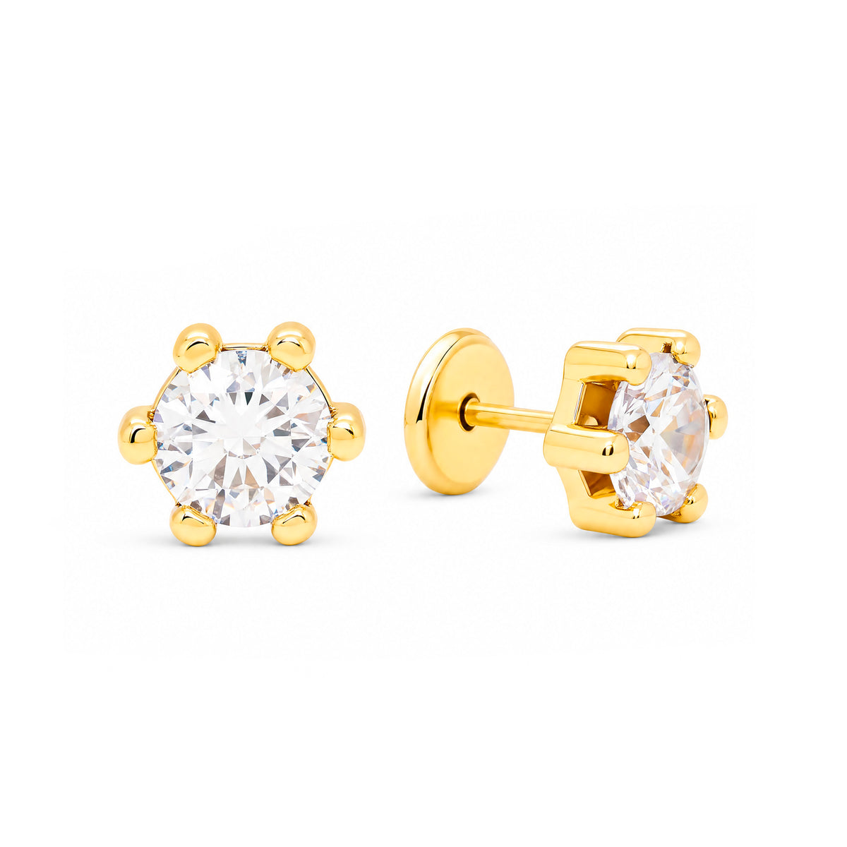 14K Yellow Gold 6MM White Round CZ 6-Prong Stud Screwback Earrings