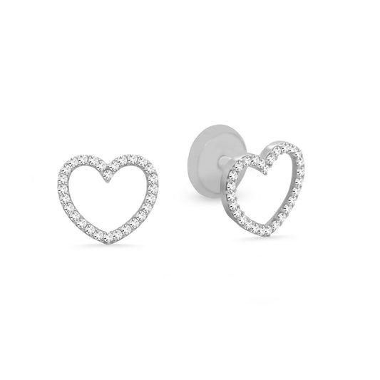 14K White Gold Medium Open Heart Pave White CZ Stud Screwback Earrings