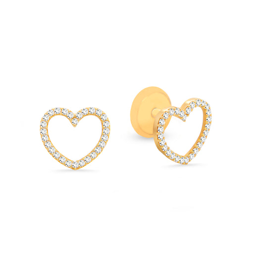 14K Yellow Gold Medium Open Heart Pave White CZ Stud Screwback Earrings