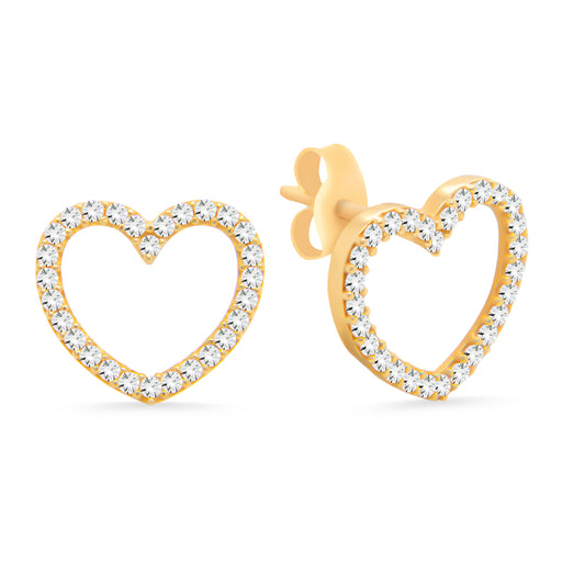 14K Yellow Gold Extra Large Open Heart Pave White CZ Stud Pushback Earrings