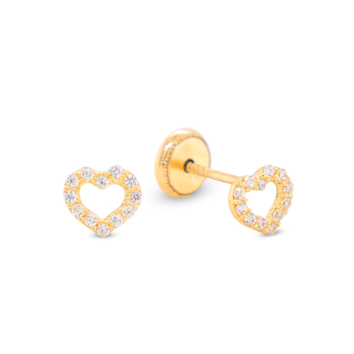 14K Yellow Gold Extra Small Open Heart Pave White CZ Stud Screwback Earrings