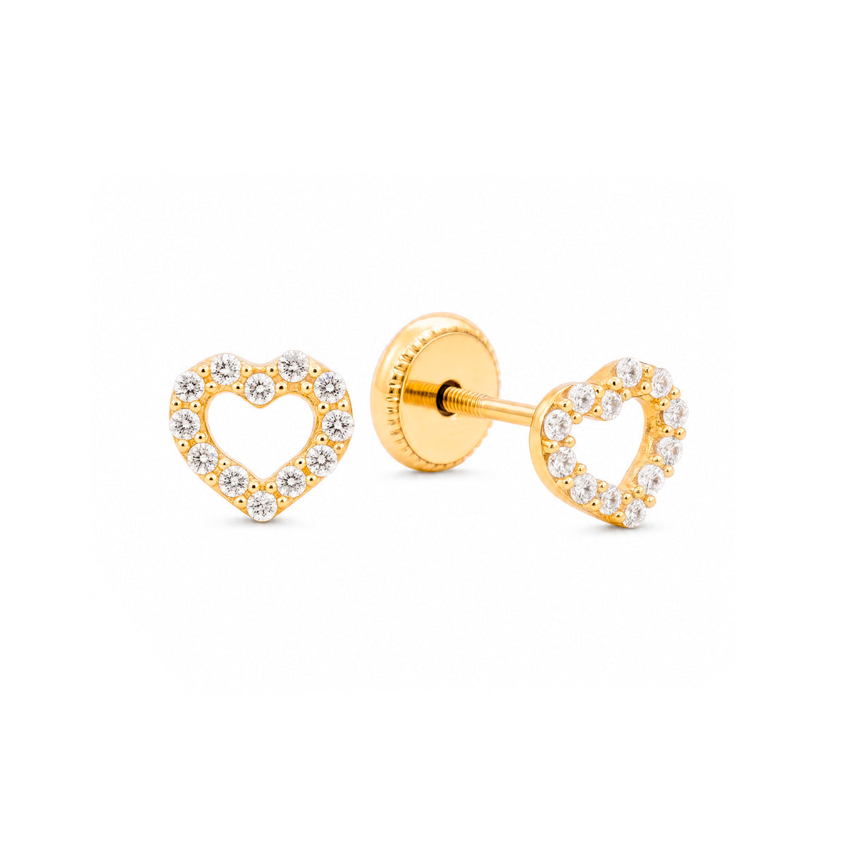 14K Yellow Gold Extra Small Open Heart Pave White CZ Stud Screwback Earrings