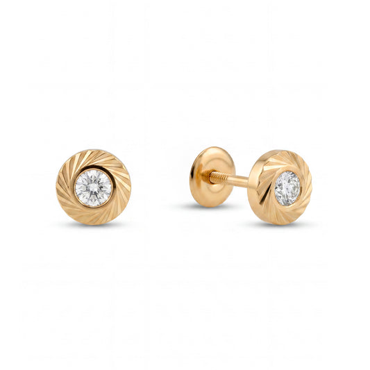 14K Yellow Gold Round Diamond Cut Bezel CZ Center Screwback-2.5 mm