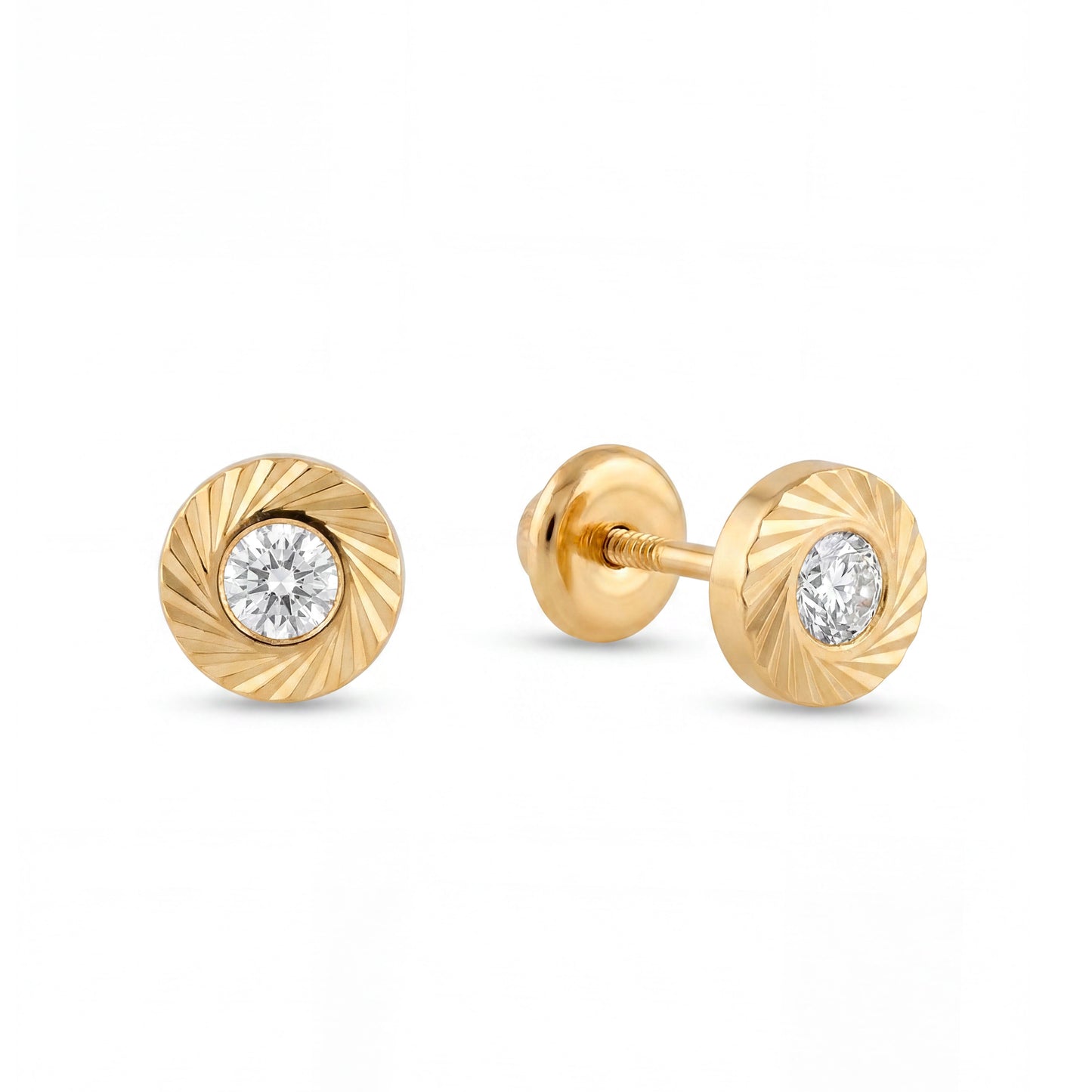 14K Yellow Gold Round Diamond Cut Bezel CZ Center Screwback-3 mm