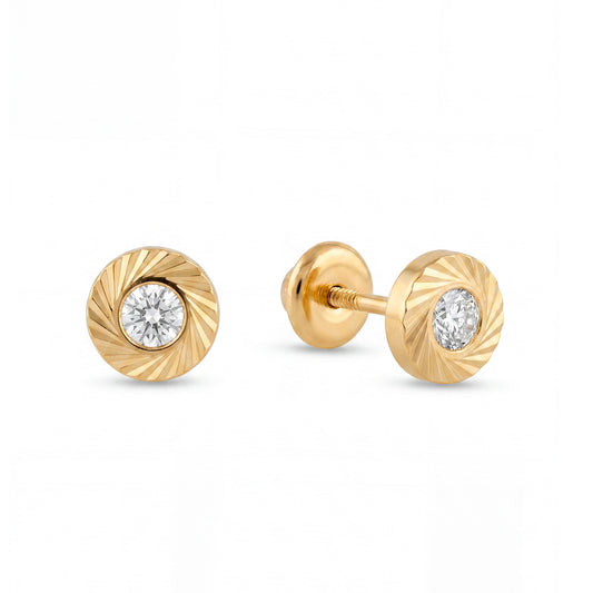 14K Yellow Gold Round Diamond Cut Bezel CZ Center Screwback-3 mm
