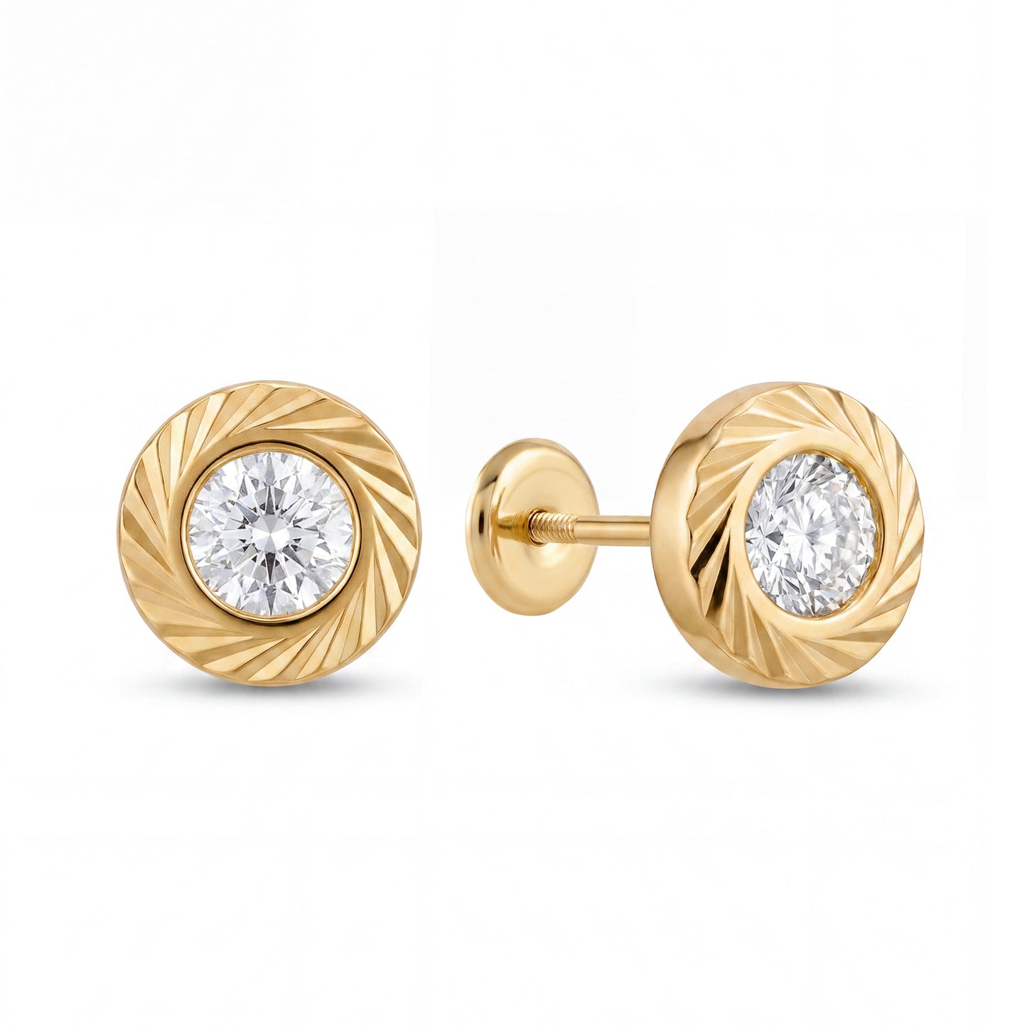 14K Yellow Gold Round Diamond Cut Bezel CZ Center Screwback-4 mm