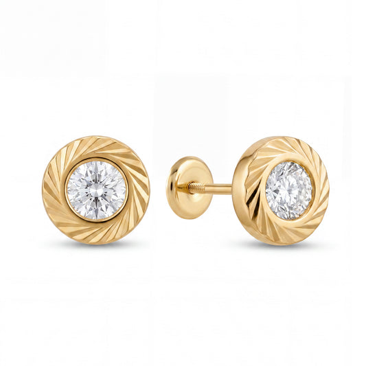 14K Yellow Gold Round Diamond Cut Bezel CZ Center Screwback-4 mm