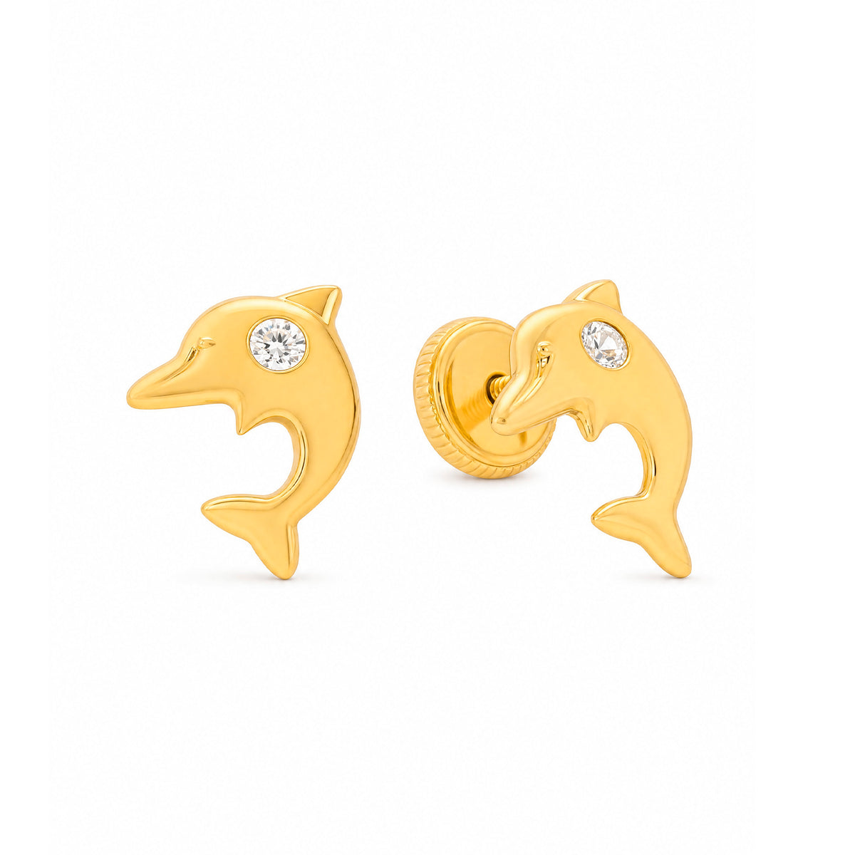 14K Yellow Gold Dolphin with White CZ Accent Stud Screwback Earrings