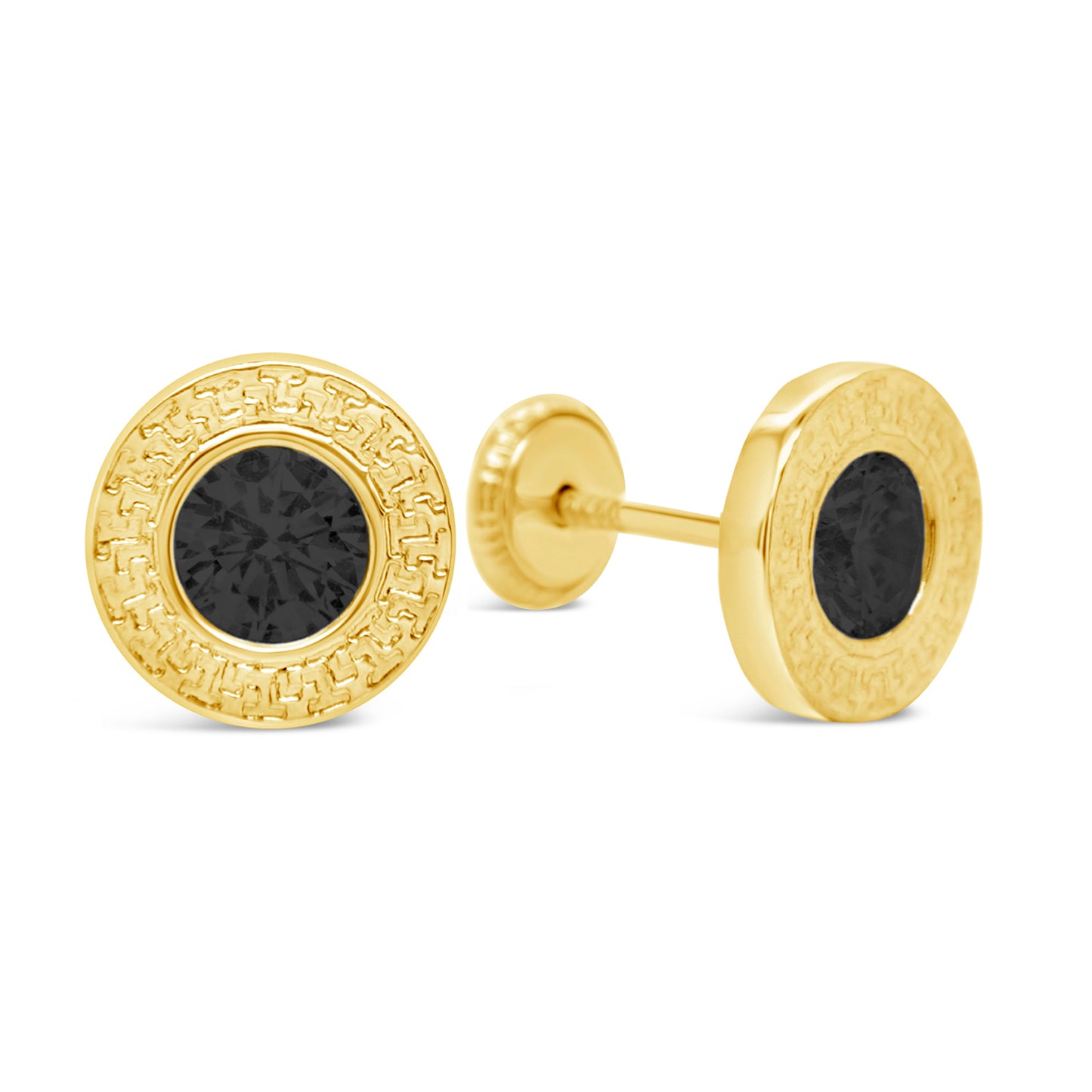 14K Yellow Gold Large Black Round CZ Textured Bezel Stud Screwback Earrings