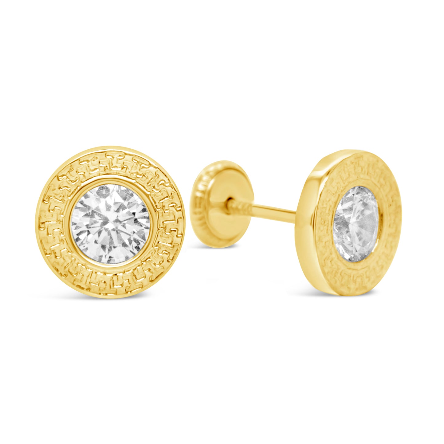 14K Yellow Gold Large White Round CZ Textured Bezel Stud Screwback Earrings