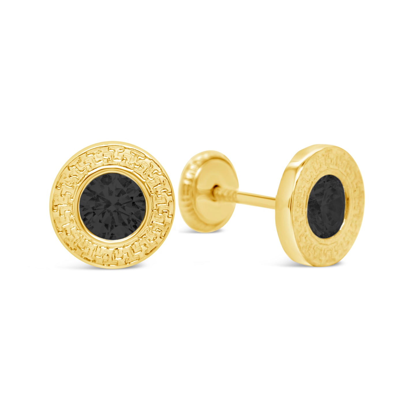 14K Yellow Gold Medium Black Round CZ Textured Bezel Stud Screwback Earrings