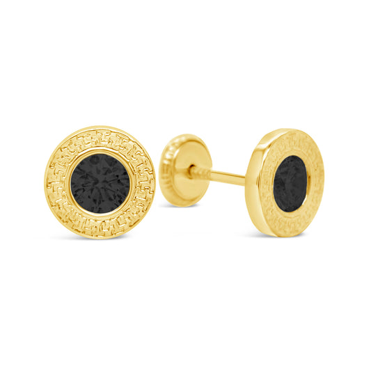 14K Yellow Gold Medium Black Round CZ Textured Bezel Stud Screwback Earrings