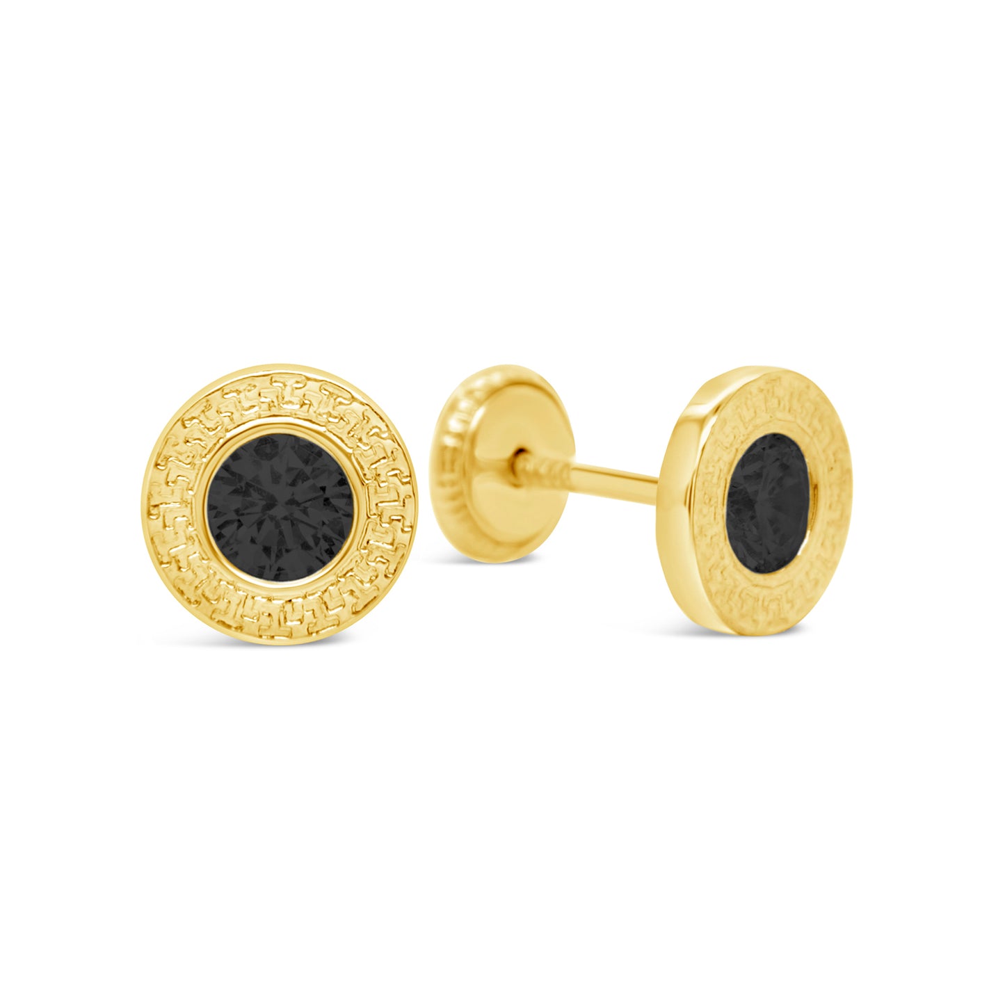 14K Yellow Gold Small Black Round CZ Textured Bezel Stud Screwback Earrings