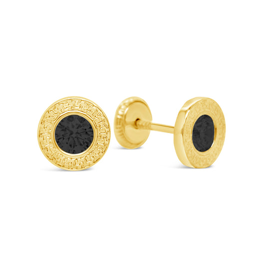 14K Yellow Gold Small Black Round CZ Textured Bezel Stud Screwback Earrings