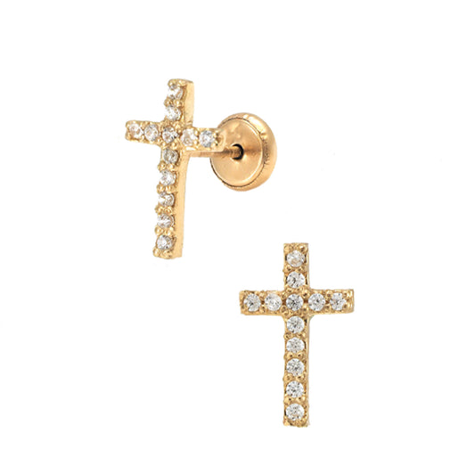 14K Yellow Gold Medium White CZ Cross Screwback Earrings
