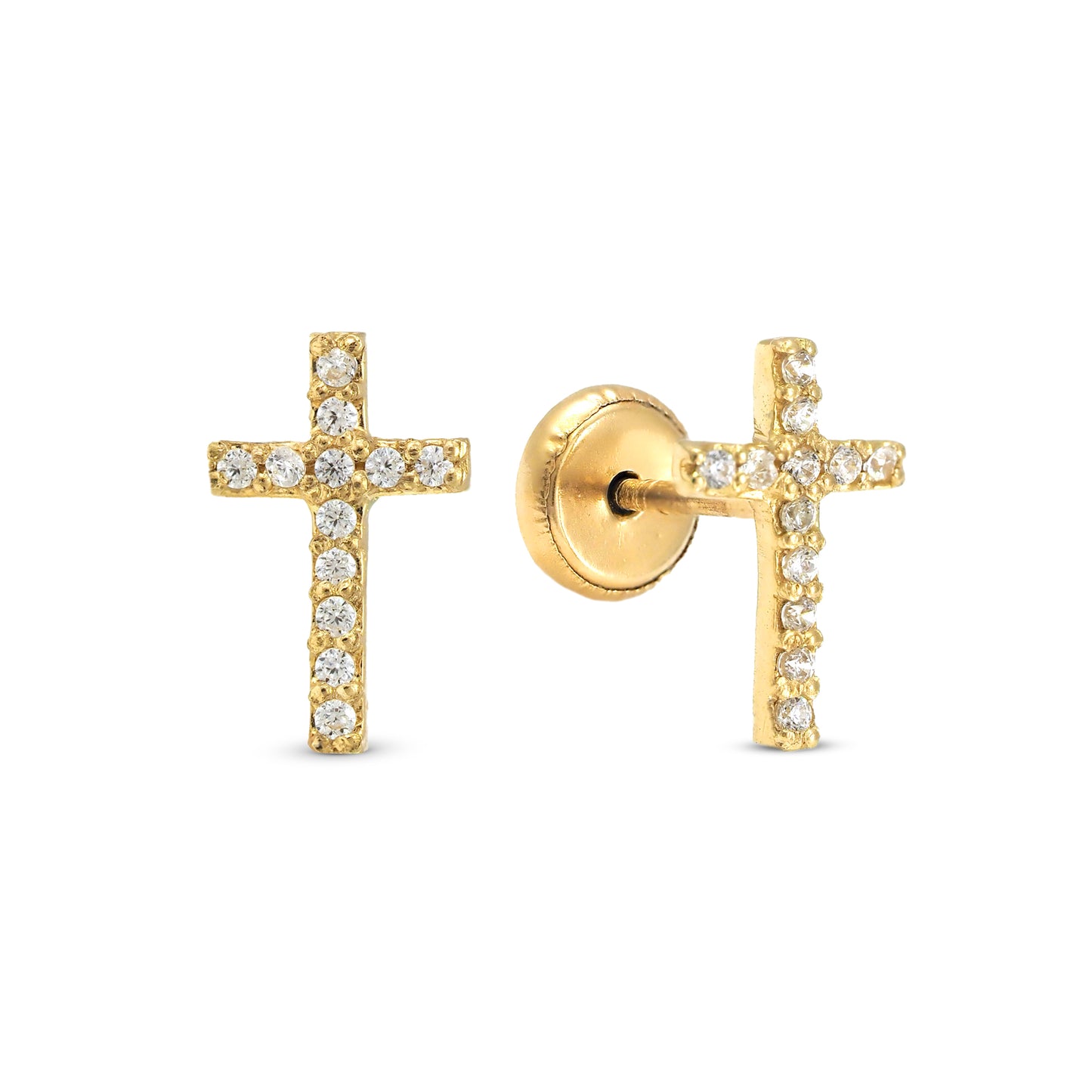14K Yellow Gold Small White CZ Cross Screwback Earrings