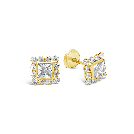 14K Yellow Gold White Square CZ with CZ Halo Stud Screwback Earrings
