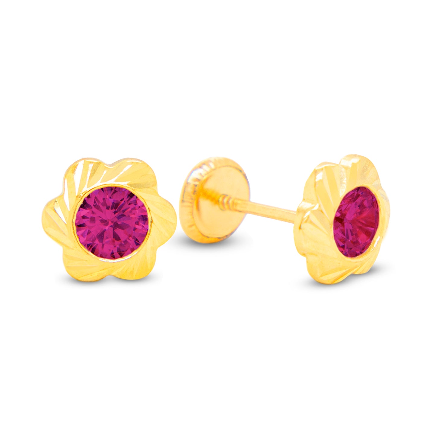 14K Yellow Gold Large Flower Blossom with Red CZ Stud Screwback Earrings
