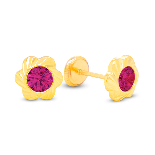 14K Yellow Gold Large Flower Blossom with Red CZ Stud Screwback Earrings