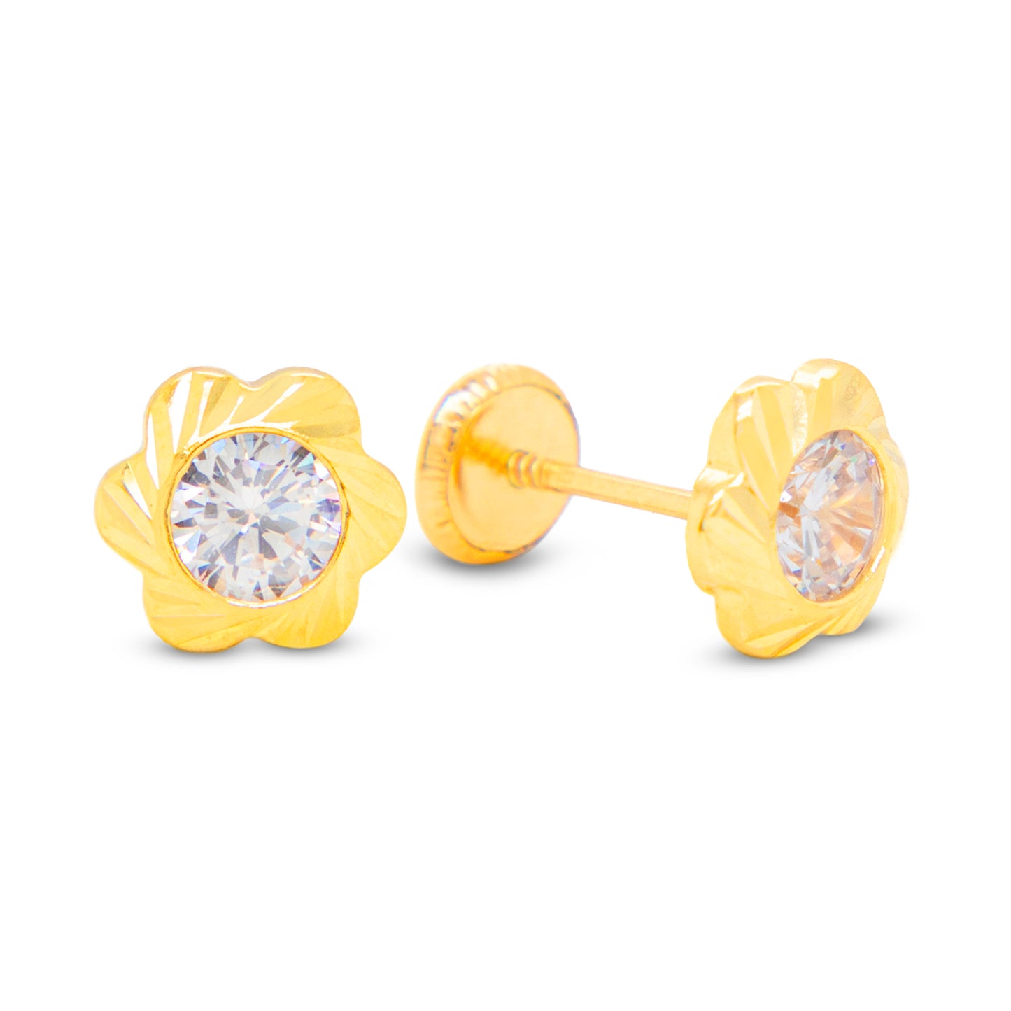 14K Yellow Gold Large Flower Blossom with White CZ Stud Screwback Earrings