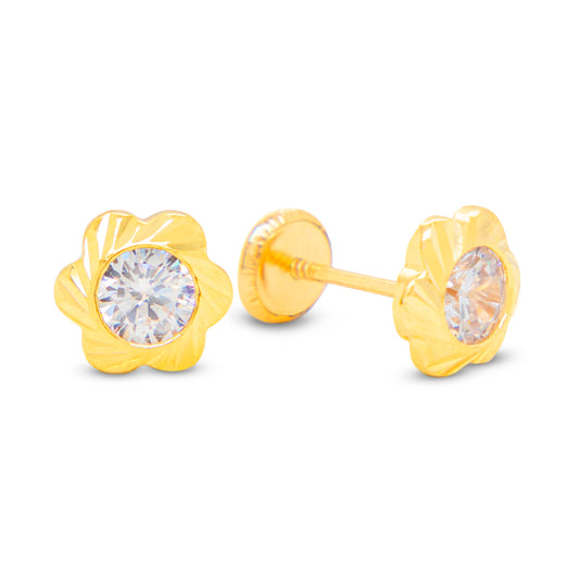 14K Yellow Gold Large Flower Blossom with White CZ Stud Screwback Earrings