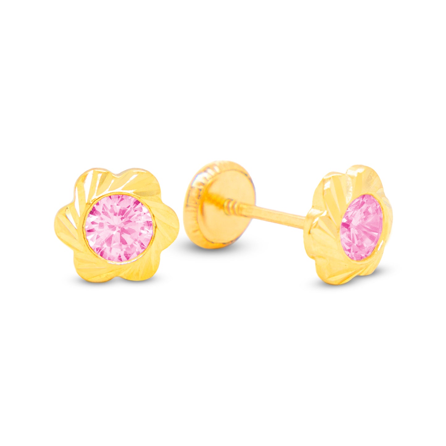 14K Yellow Gold Medium Flower Bloom with Pink CZ Stud Screwback Earrings
