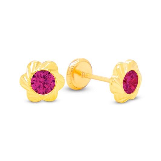 14K Yellow Gold Medium Flower Bloom with Red CZ Stud Screwback Earrings