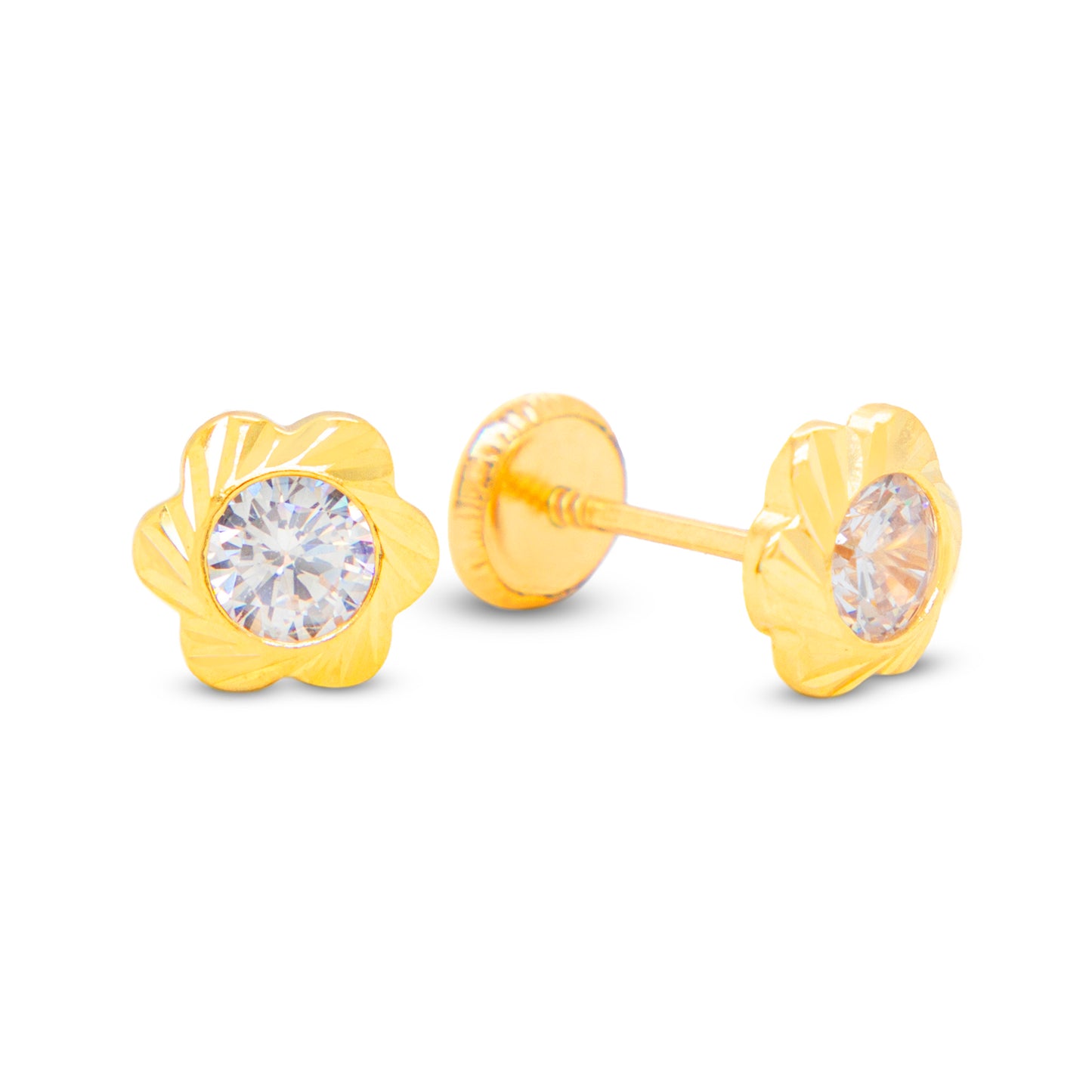 14K Yellow Gold Medium Flower Bloom with White CZ Stud Screwback Earrings
