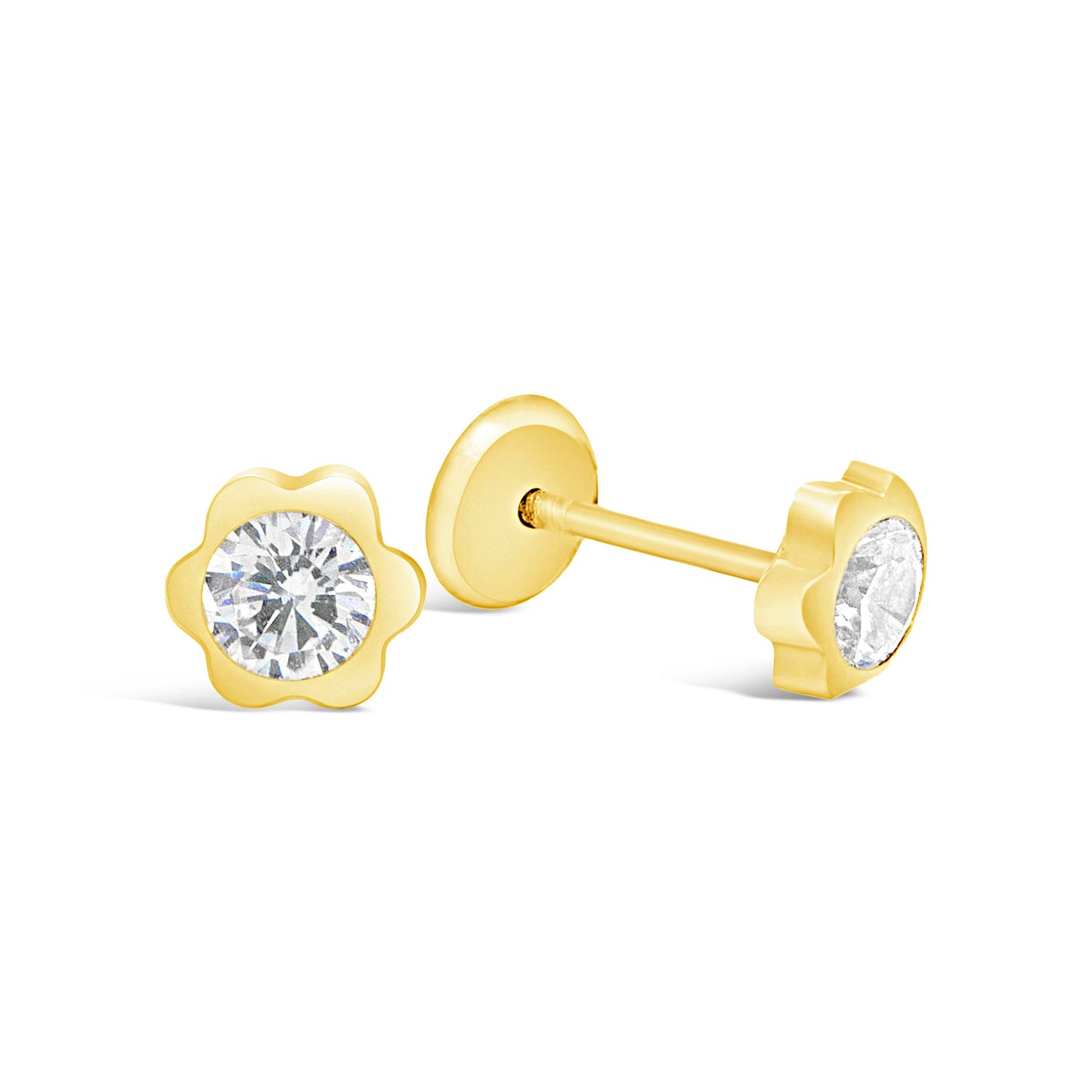 14K Yellow Gold 3MM Blossom Flower with White CZ Center Stud Screwback Earrings