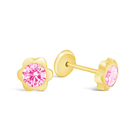 14K Yellow Gold 4MM Blossom Flower with Pink CZ Center Stud Screwback Earrings